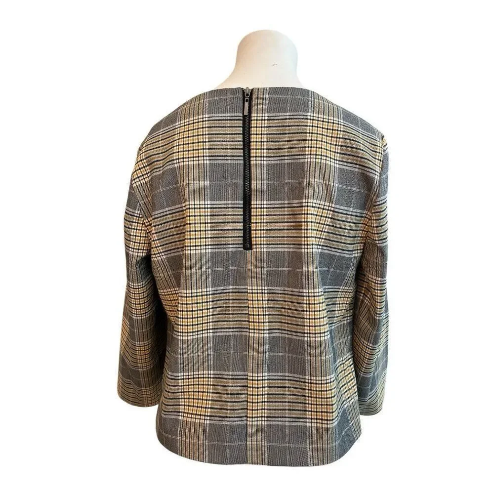 Rachel Zoe Size 8 Yellow Black Plaid Long Sleeve Blouse Zipper Square Neck